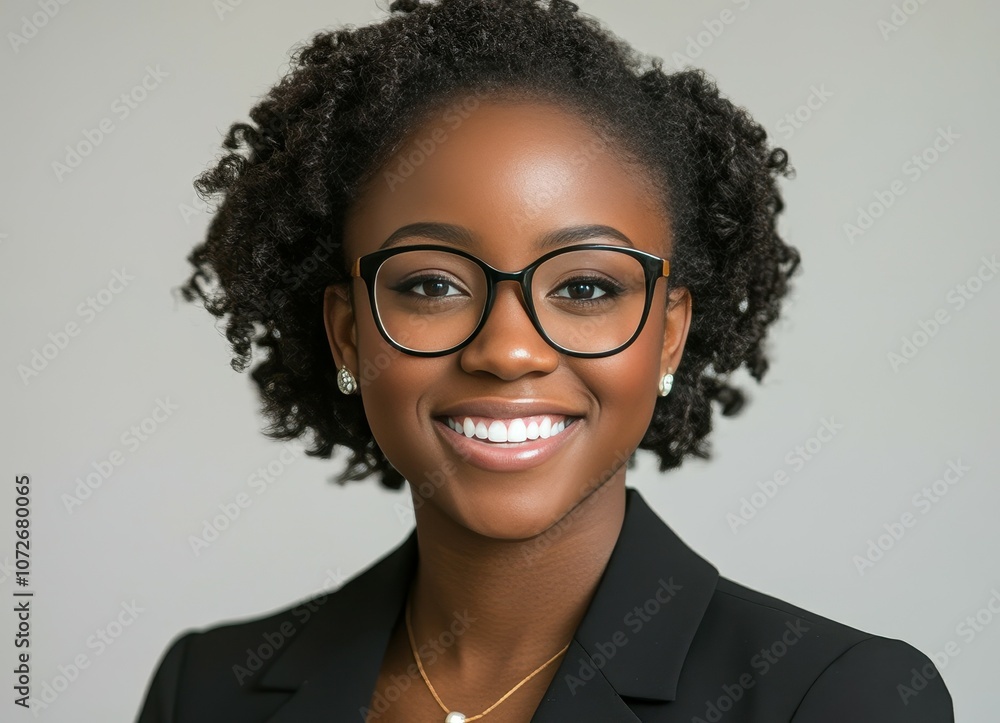 A woman wearing glasses and a black jacket. She is smiling and looking at the camera. Concept of confidence and positivity A woman wearing glasses and a black jacket. She is smiling and looking at the camera. Concept of confidence and positivity