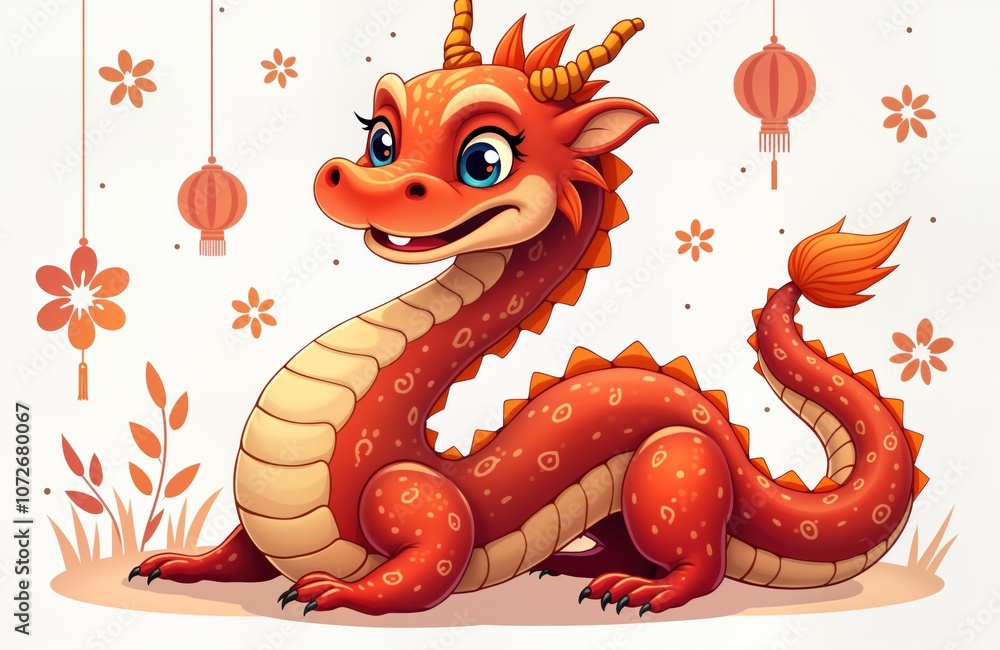 Fototapeta premium Cartoon red dragon with big eyes smiles, sits on white background. Cute animal with orange horns of Chinese New Year. Dragon traditional zodiac creature in Asian culture. Illustration used for