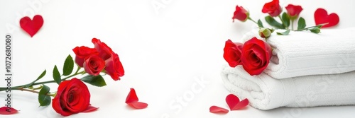 White towels with vibrant red roses scattered on top, creating a romantic and luxurious spa atmosphere, romantic, beauty salon