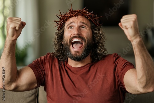 A man wearing a crown of thorns is smiling and raising his hands in the air, help of God from Jesus Christ photo