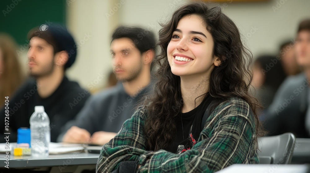 A girl with long hair is sitting in a classroom with other students. She is smiling and looking at the camera A girl with long hair is sitting in a classroom with other students. She is smiling and looking at the camera