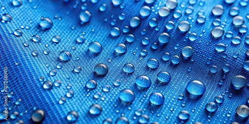 Close up of rain droplets on a blue waterproof fabric background, waterproof, fabric, blue, background, rain droplets, close up