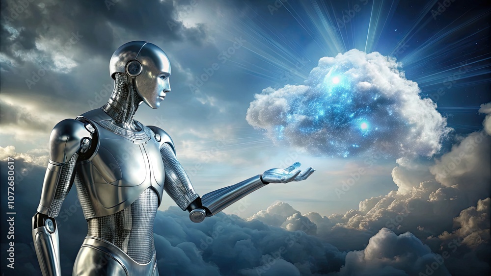Naklejka premium Silver android confronting a glittering cloud hologram , technology, futuristic, artificial intelligence, robot, cyborg