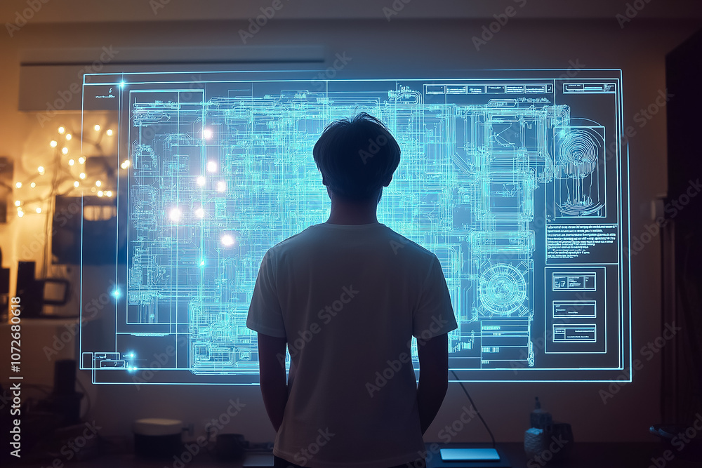 A person studies a glowing holographic blueprint in a softly illuminated room at night A person studies a glowing holographic blueprint in a softly illuminated room at night