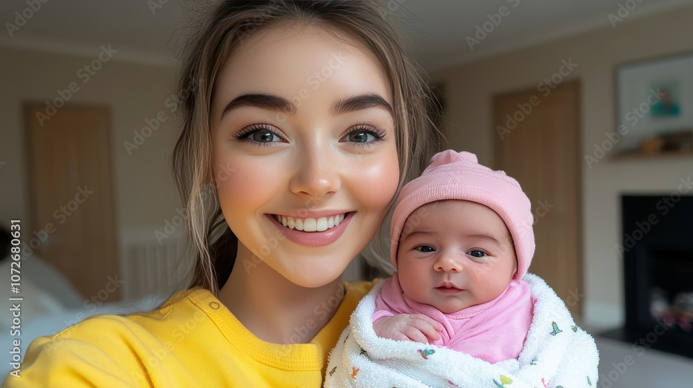A woman is holding a baby in a pink hat. The baby is smiling and the woman is smiling back. Scene is happy and joyful A woman is holding a baby in a pink hat. The baby is smiling and the woman is smiling back. Scene is happy and joyful