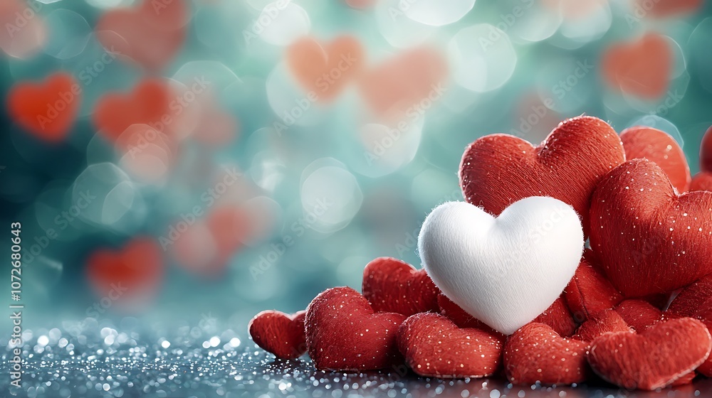 Fototapeta premium The small white heart among a sea of vibrant red hearts symbolizes a unique and pure love that stands out among the crowd. It represents a special connection and affection that is rare and treasured.