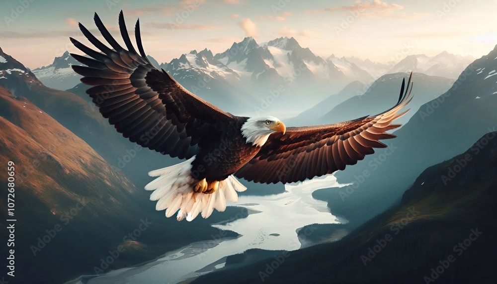 Obraz premium Eagles with brown and white fur fly over heights with views of nature and rivers. 