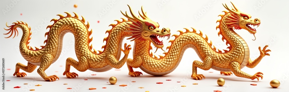 Two golden dragons with red details, isolated on white background, celebrate Chinese New Year. Facing viewer with claws out. Dragons decorated with gold, red embellishments. Surrounded by confetti. Two golden dragons with red details, isolated on white background, celebrate Chinese New Year. Facing viewer with claws out. Dragons decorated with gold, red embellishments. Surrounded by confetti.