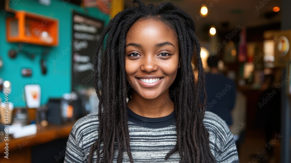 A woman with long dreadlocks is smiling at the camera. She is wearing a striped shirt and is standing in a cafe A woman with long dreadlocks is smiling at the camera. She is wearing a striped shirt and is standing in a cafe