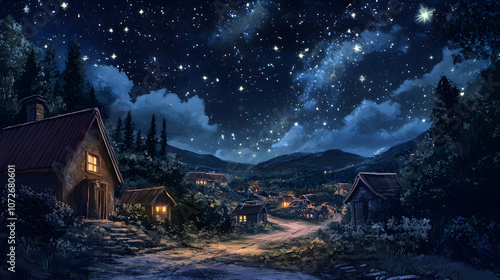 A starry night sky over a quiet village, evoking wonder and calm.A starry night sky over a quiet village, evoking wonder and calm.