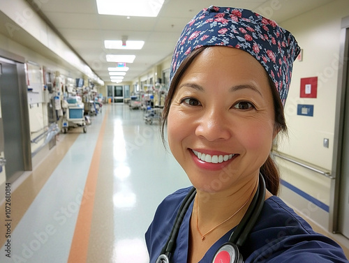 A cheerful asian healthcare professional in scrubs and a floral cap, smiling for a selfie in a hospital corridor filled with medical equipment.