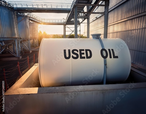 A large tank labeled used oil stands in an industrial area at sunset, showcasing environmental aspects in waste management processes. Generative AI
