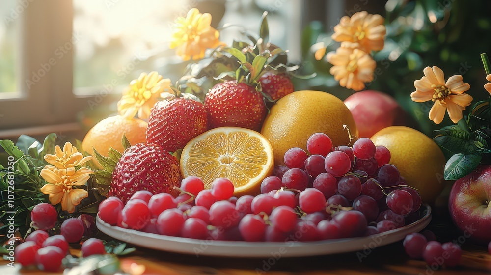 Fresh fruit arrangement with flowers in sunlight. Fresh fruit arrangement with flowers in sunlight.