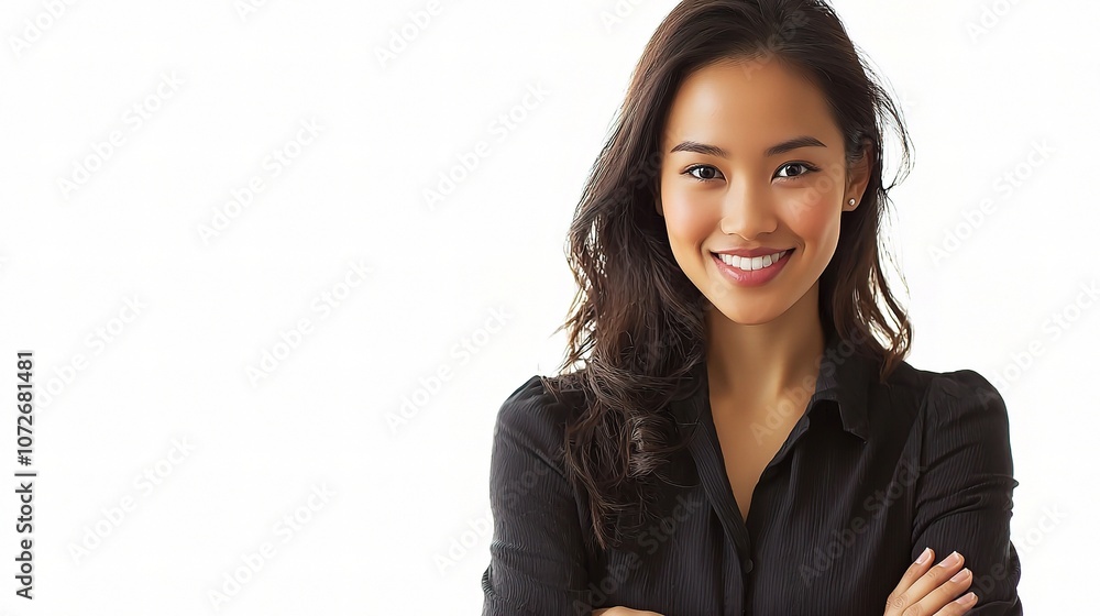 Young and confident Asian woman smiling assertively, showcasing strength and positivity in a bright and professional setting with crossed arms. Young and confident Asian woman smiling assertively, showcasing strength and positivity in a bright and professional setting with crossed arms.