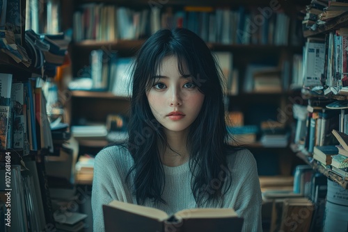 Young woman reading a book in a library.