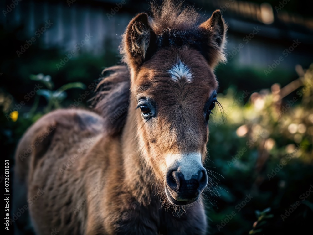 Obraz premium Capturing the Charm of the Tiniest Horse in the World: A Heartwarming Documentary Photography Experience Showcasing Its Unique Features and Life in a Natural Setting