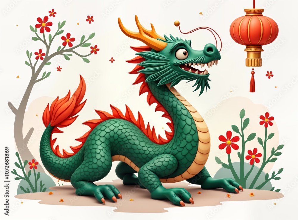 Obraz premium Green dragon on white background. Dragon symbolizes year of dragon in Chinese New Year celebration. Dragon is standing on a beige ground. The dragon is smiling and has a red lantern above its head.
