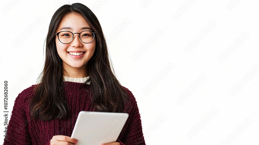 Young Asian Woman in Glasses Smiling While Holding a Tablet in a Bright Studio Environment, Representing Modern Technology and Lifestyle Choices Young Asian Woman in Glasses Smiling While Holding a Tablet in a Bright Studio Environment, Representing Modern Technology and Lifestyle Choices