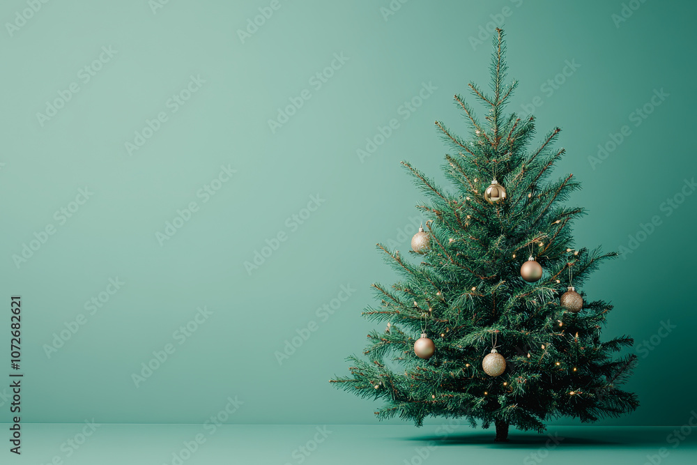 Christmas Tree Decorated with Golden Ornaments Against a Solid Turquoise Background, Ideal for Holiday-Themed Designs and Festive Displays Christmas Tree Decorated with Golden Ornaments Against a Solid Turquoise Background, Ideal for Holiday-Themed Designs and Festive Displays