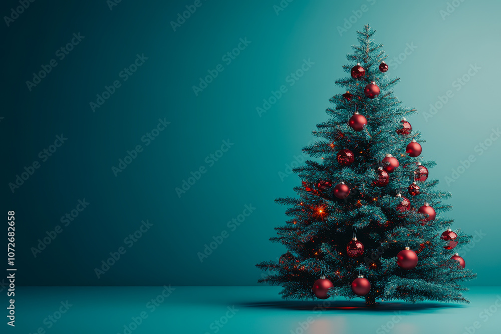 Elegant Christmas Tree Decorated with Red Ornaments Standing Against a Soft Teal Background for Festive Seasonal Celebrations and Holiday Themes Elegant Christmas Tree Decorated with Red Ornaments Standing Against a Soft Teal Background for Festive Seasonal Celebrations and Holiday Themes