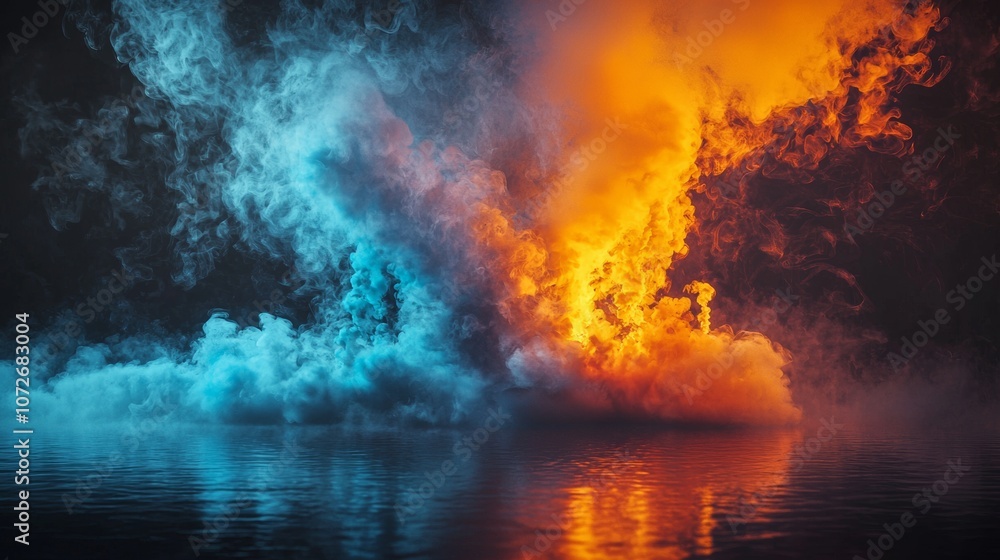 Fototapeta premium Dramatic fire and ice colored smoke over water surface