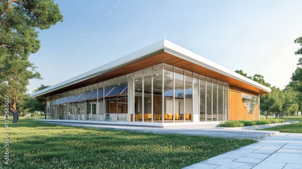 Modern Architectural Design of a Sleek Glass Building in a Green Landscape, Featuring Open Space, Natural Light, and Contemporary Aesthetics for Creative Use Modern Architectural Design of a Sleek Glass Building in a Green Landscape, Featuring Open Space, Natural Light, and Contemporary Aesthetics for Creative Use