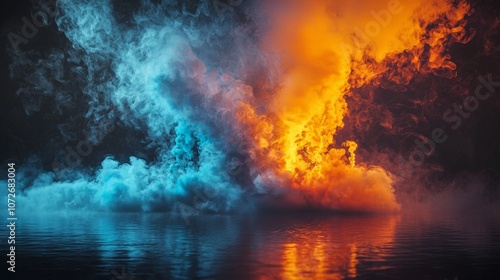 Dramatic fire and ice colored smoke over water surface