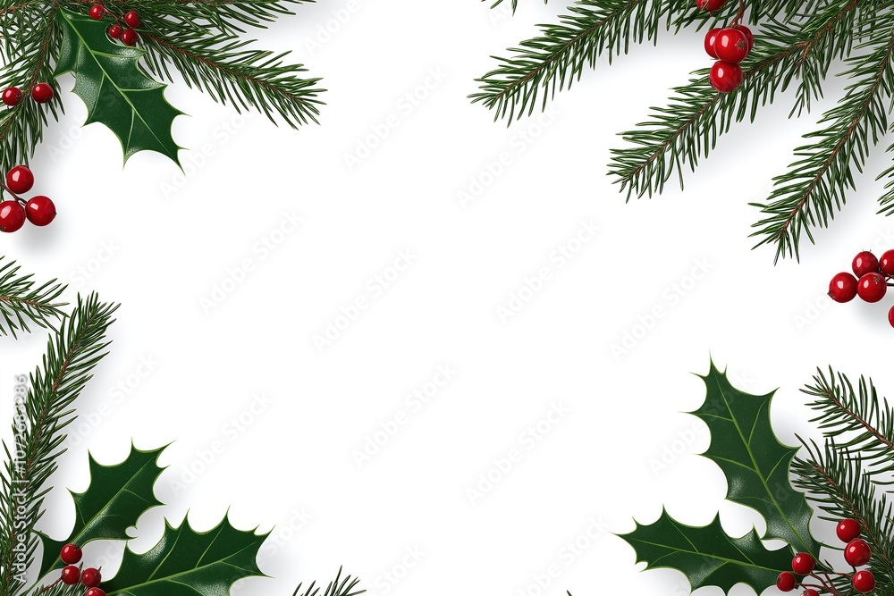 Fir tree branches, holly leaves with red berries arranged in frame on white background. Green evergreen foliage border. Christmas holiday design, perfect for cards, invitations, winter season Fir tree branches, holly leaves with red berries arranged in frame on white background. Green evergreen foliage border. Christmas holiday design, perfect for cards, invitations, winter season