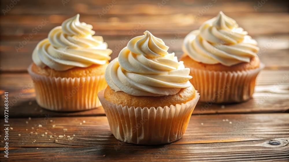 Three Vanilla Cupcakes With Swirled Frosting on a Rustic Wooden Table Three Vanilla Cupcakes With Swirled Frosting on a Rustic Wooden Table