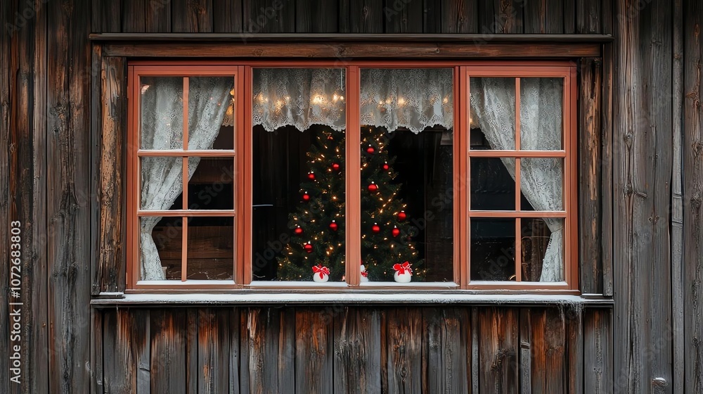 Cozy window with Christmas tree and curtains. Cozy window with Christmas tree and curtains.
