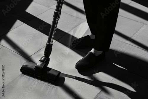 vacuum cleaning tile floor, showing debris removal photo