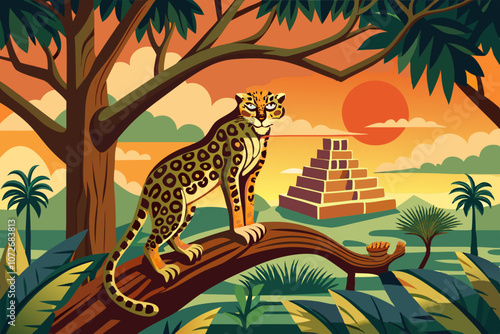 Jaguar on tree and Ancient Mayan Pyramids in background illustration