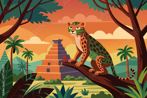 Jaguar on tree and Ancient Mayan Pyramids in background illustration