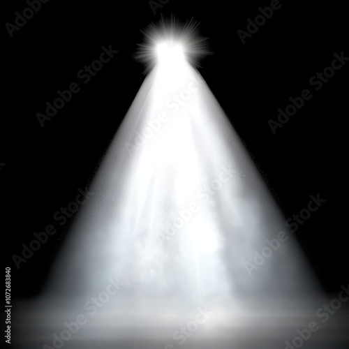 Bright spotlight ray effect isolated on black background. Stage spotlight beam illuminates dark scene. White shines bright. Rays project onto black background. Design for party, disco, concert,