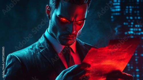 Intense Businessman with Glowing Red Eyes Analyzing Mysterious Document in Dark Urban Environment, Emanating a Mysterious and Ominous Aura in Neon Lighting