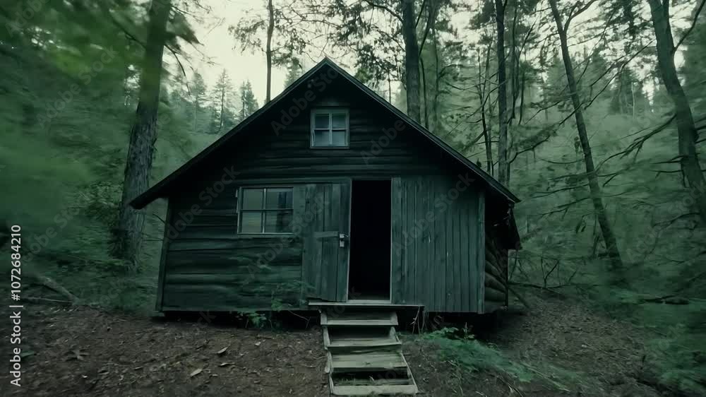 Gentle wind whispering through trees surrounding a rustic forest cabin Gentle wind whispering through trees surrounding a rustic forest cabin