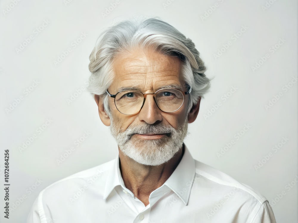 Minimalist Portrait of a Senior Man with Grey Hair and Glasses Isolated on White Background for Stock Photography Needs Minimalist Portrait of a Senior Man with Grey Hair and Glasses Isolated on White Background for Stock Photography Needs