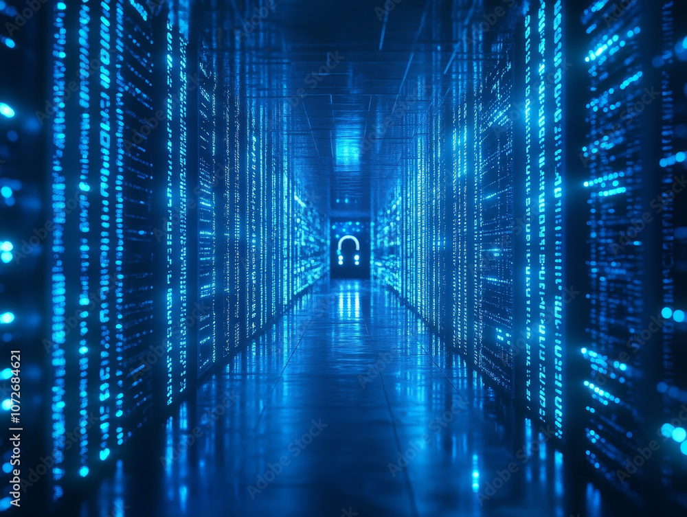 digital corridor illuminated by blue lights, featuring padlock symbol and binary data streams, evokes sense of security and technology digital corridor illuminated by blue lights, featuring padlock symbol and binary data streams, evokes sense of security and technology