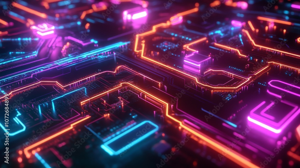 Futuristic Neon Circuit Board Design with Colorful Glowing Lines for Technology, Innovation, and Digital Aesthetics in Modern Graphic Applications Futuristic Neon Circuit Board Design with Colorful Glowing Lines for Technology, Innovation, and Digital Aesthetics in Modern Graphic Applications