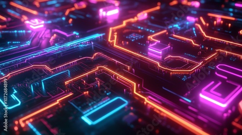 Futuristic Neon Circuit Board Design with Colorful Glowing Lines for Technology, Innovation, and Digital Aesthetics in Modern Graphic Applications