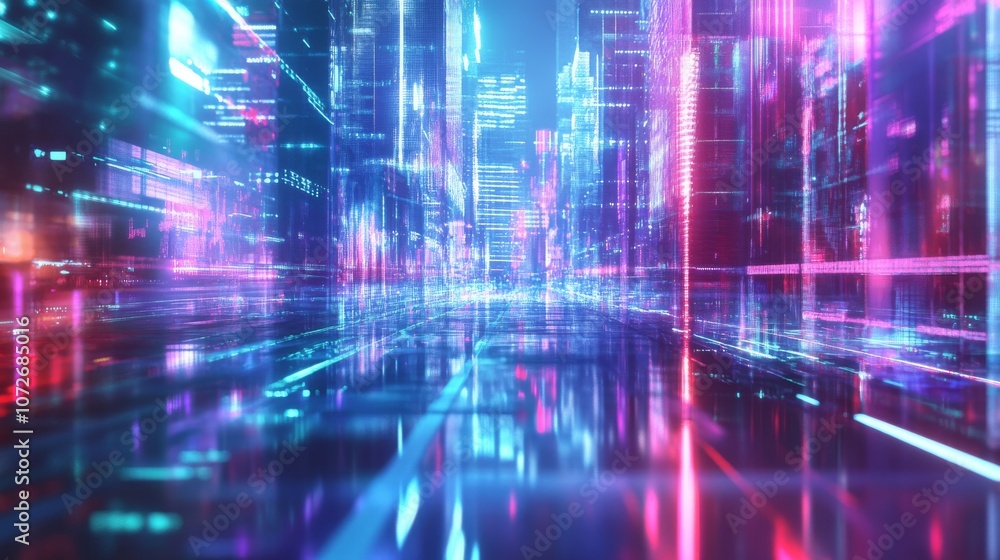 Futuristic Cityscape with Neon Lights and Reflections in a Vibrant Urban Environment at Night, showcasing Advanced Technology and Modern Architecture Futuristic Cityscape with Neon Lights and Reflections in a Vibrant Urban Environment at Night, showcasing Advanced Technology and Modern Architecture