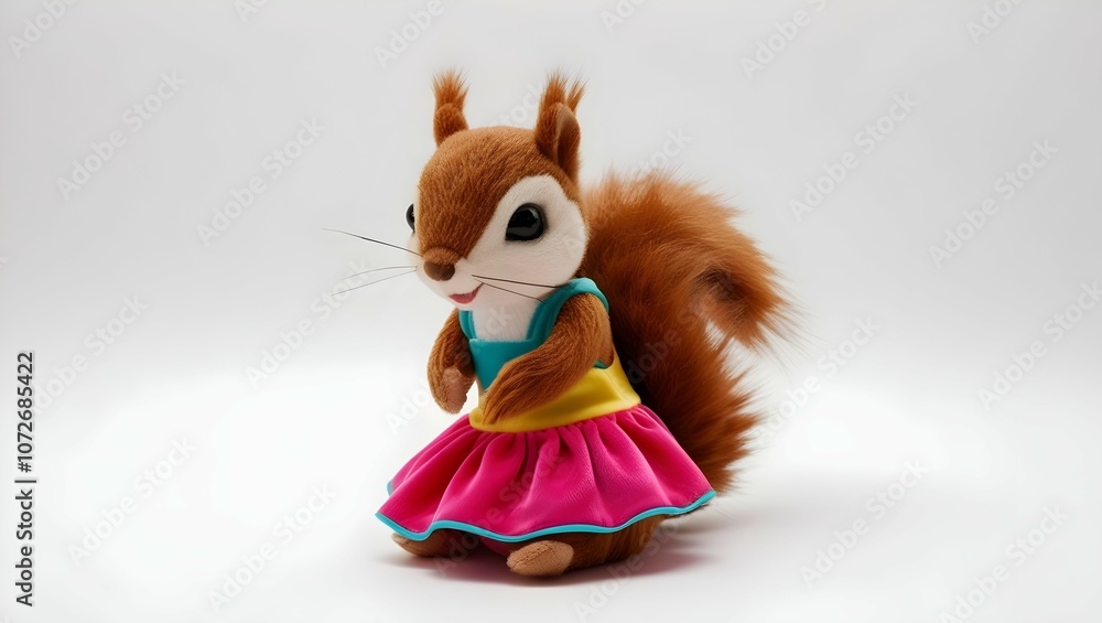 Fototapeta premium cute squirrel plush toy in bright dress isolated on white for nursery decor
