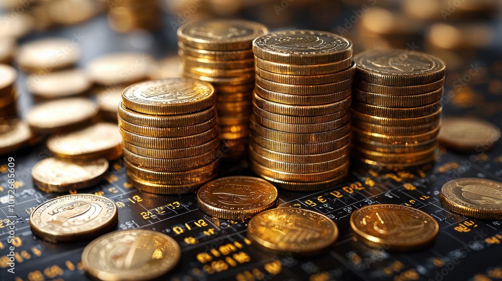 Golden coins stacked on financial chart, symbolizing wealth and investment Golden coins stacked on financial chart, symbolizing wealth and investment