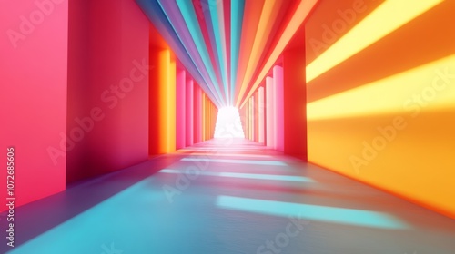 Vibrant Abstract Corridor with Colorful Rays of Light Emitting from the End, Creating a Dreamlike and Energetic Atmosphere for Creative Projects