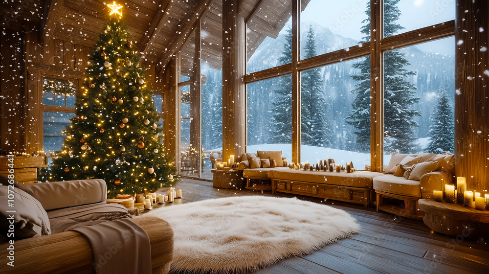 A beautifully decorated Christmas tree shines in a warm cabin with candles, overlooking snowy mountain peaks A beautifully decorated Christmas tree shines in a warm cabin with candles, overlooking snowy mountain peaks