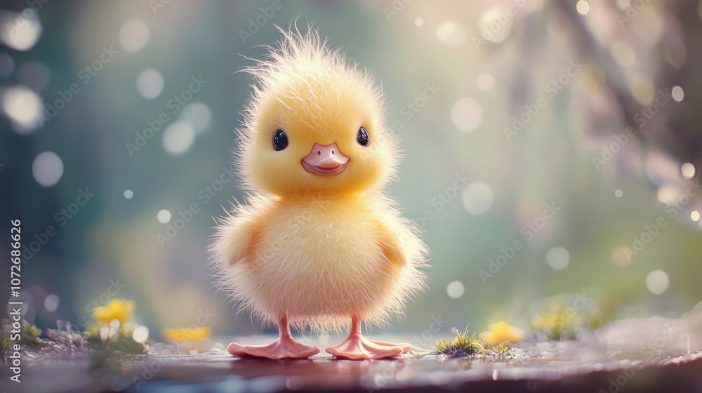 Adorable Yellow Duckling Surrounded by Nature with Soft Glowing Light and Delicate Flowers, Capturing the Essence of Innocence and Springtime Beauty Adorable Yellow Duckling Surrounded by Nature with Soft Glowing Light and Delicate Flowers, Capturing the Essence of Innocence and Springtime Beauty