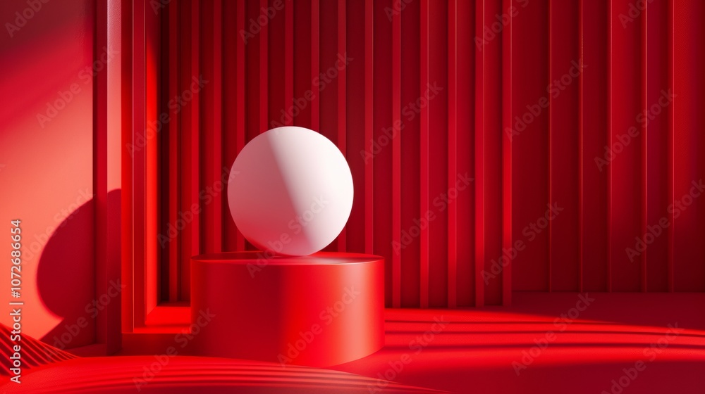 Minimalist abstract red scene with white sphere and shadow play Minimalist abstract red scene with white sphere and shadow play