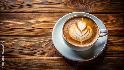 Close-Up Long Exposure of a White Coffee Cup with Thick Milk Foam on a Wooden Table, Evoking the Cozy Atmosphere of a Perfect Coffee Break Experience