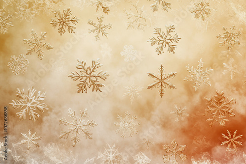 Beautiful Abstract Background of Delicate Snowflakes Gently Falling Against a Soft Golden and Brown Gradient, Perfect for Winter-Themed Designs and Celebrations