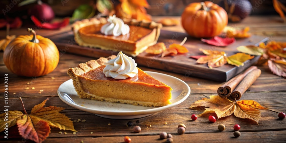 A slice of pumpkin pie with whipped cream, nestled amongst autumn leaves and cinnamon sticks on a rustic wooden table A slice of pumpkin pie with whipped cream, nestled amongst autumn leaves and cinnamon sticks on a rustic wooden table